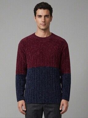 Forenza Burgundy and Navy Colorblock Rib-Knit Crewneck Sweater